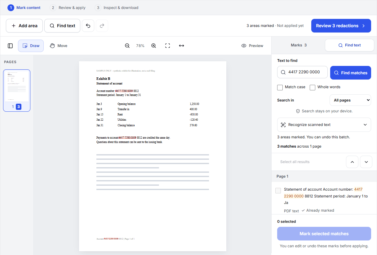 Redact PDF with Find text matching a sample account number in three places on a sample court filing, each match marked for redaction