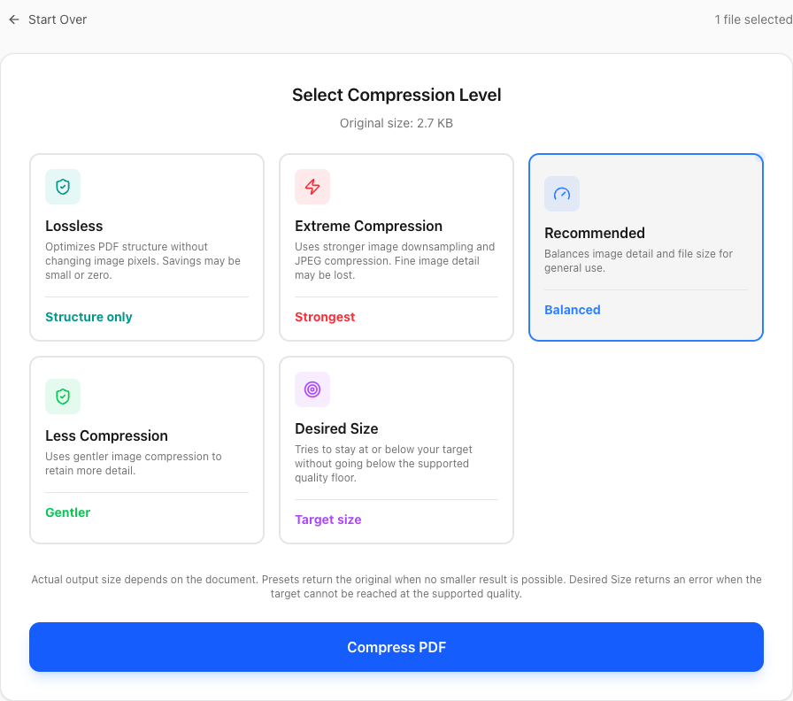 PDF Logic compression settings with a small fictional CV PDF selected