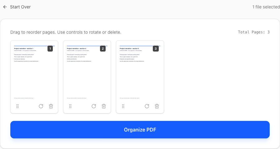 Three numbered thumbnails of a fictional project narrative in PDF Logic Organize PDF