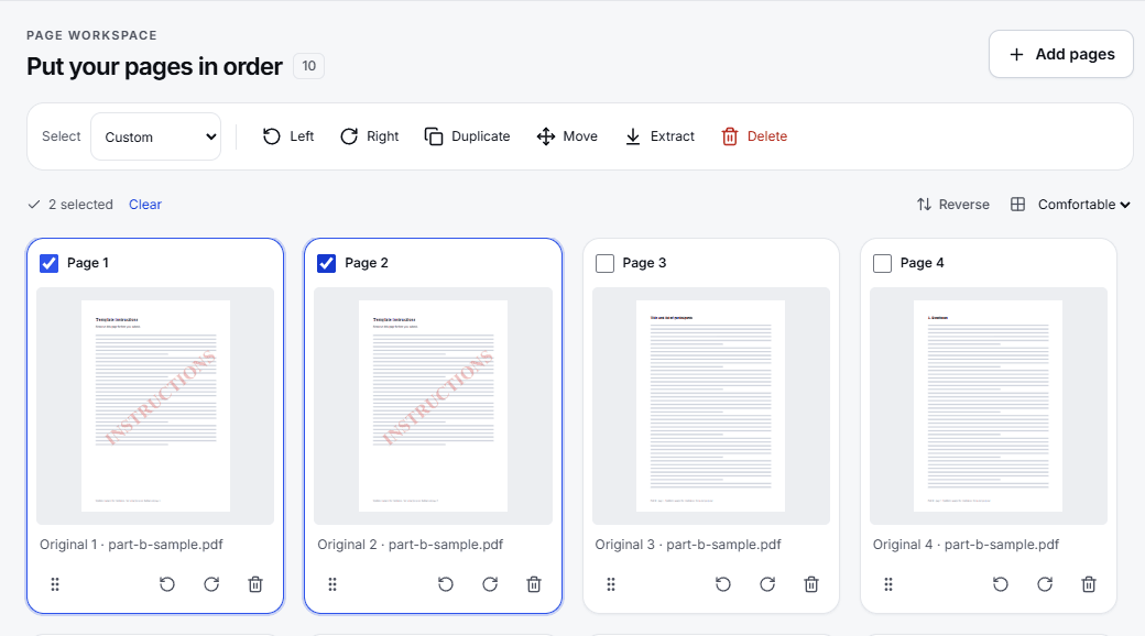 Organize PDF showing a ten-page sample Part B, with the two watermarked instruction pages at the start selected and the Delete button available