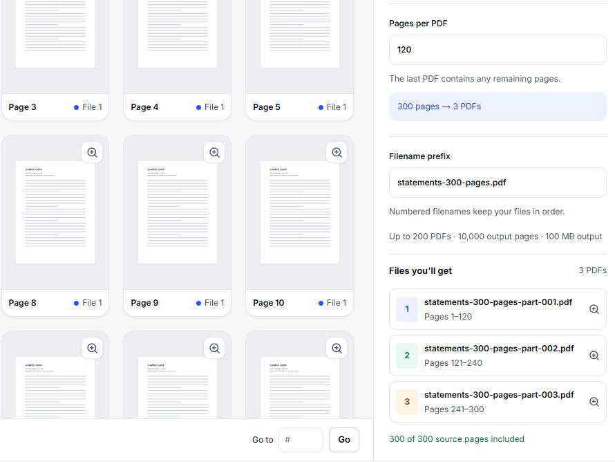 Split PDF dividing a 300-page sample document into three parts of at most 120 pages each