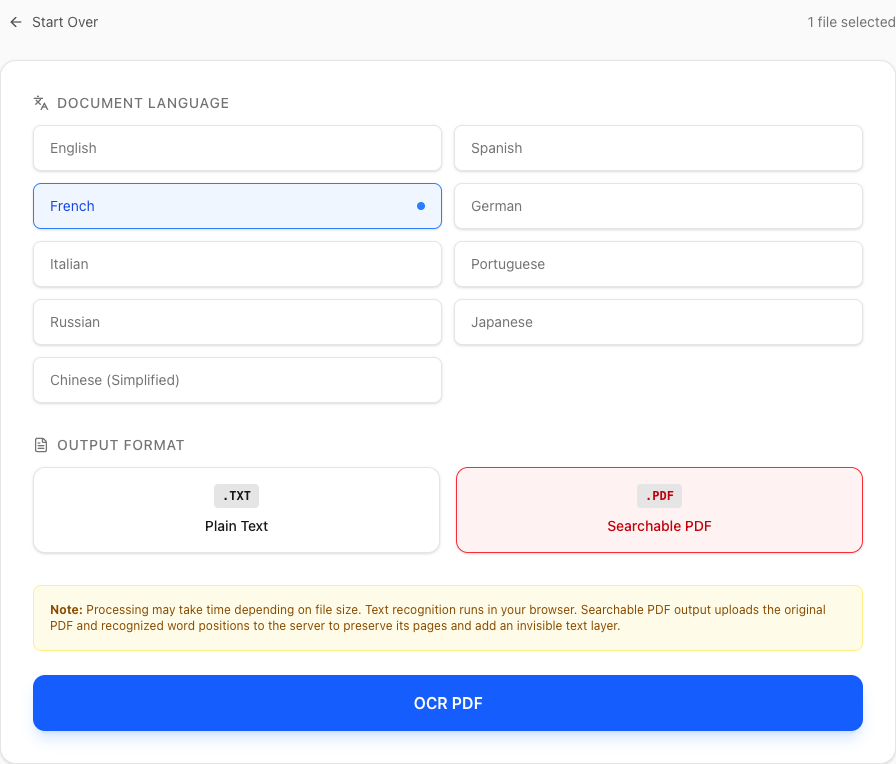 French selected as Document Language and Searchable PDF selected as output in PDF Logic OCR