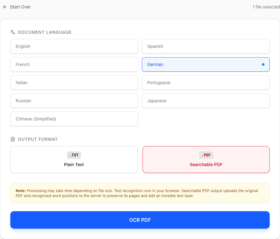 German selected as Document Language with Searchable PDF output in the PDF Logic OCR configuration