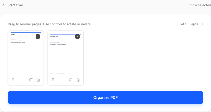PDF Logic preview of a synthetic PDF containing one A4 page and one US Letter page