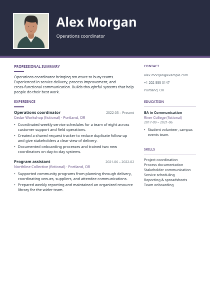 Atelier resume sample with fictional experience and an illustrated portrait