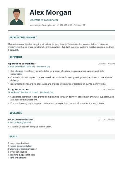 Horizon resume sample with fictional experience and an illustrated portrait