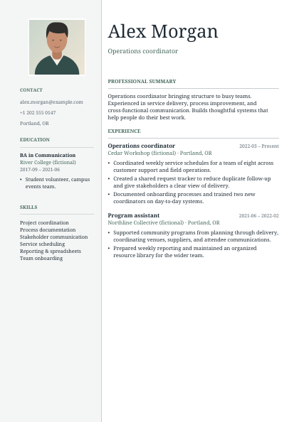 Portrait resume sample with fictional experience and an illustrated portrait