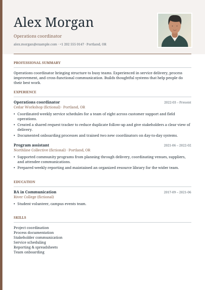 Signature resume sample with fictional experience and an illustrated portrait